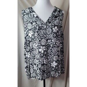 Sonoma Floral Sleeveless Blouse Womens 0X Black White Rayon V Neck Casual Top
